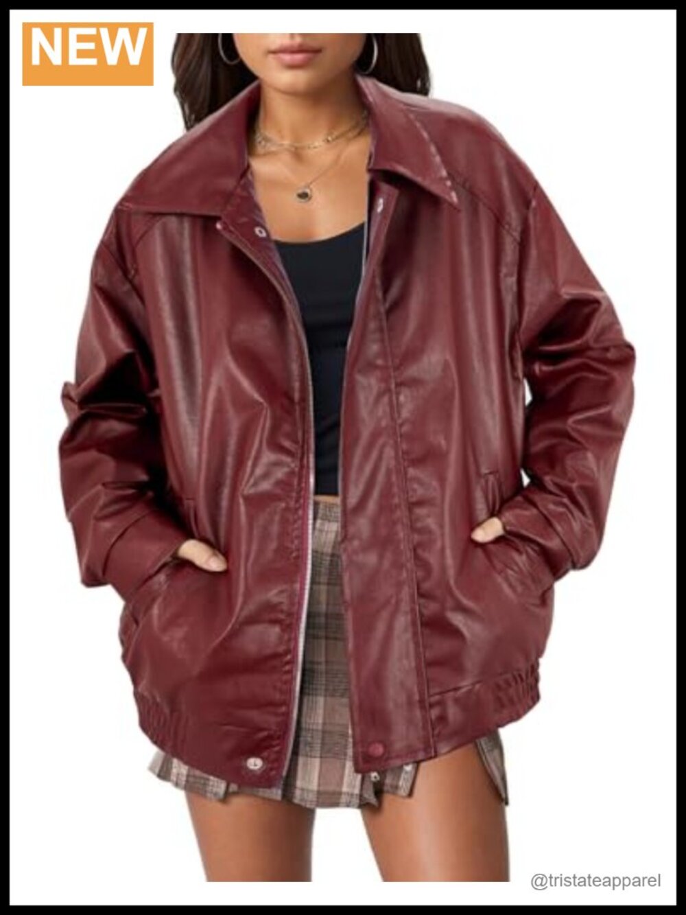 Faux Leather Oversized Moto Biker Jacket Zip Up Bomber Coat